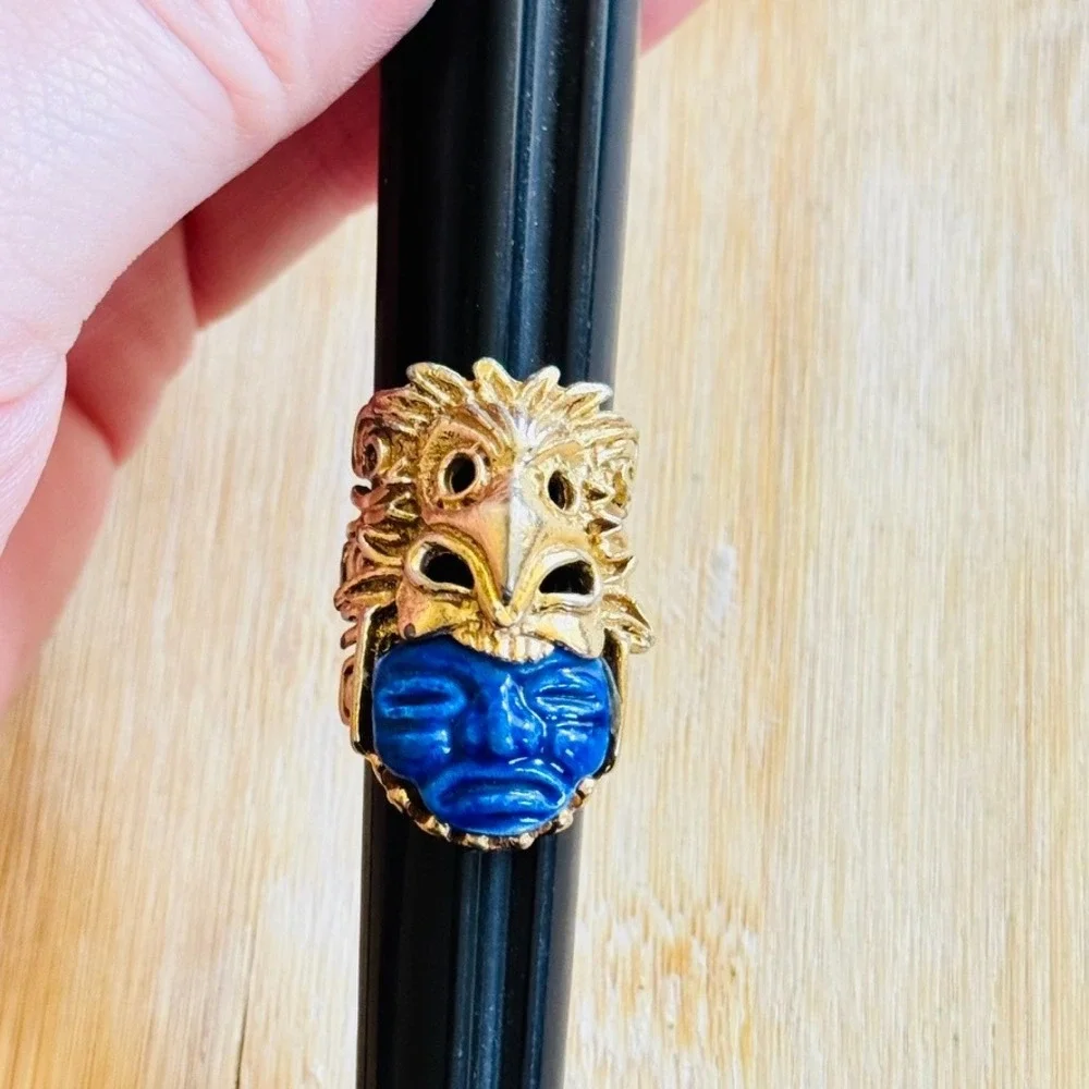 Salvador Teran Marbel Aztec Eagle Warrior Ring Statement Motif Modernist 50s sz7